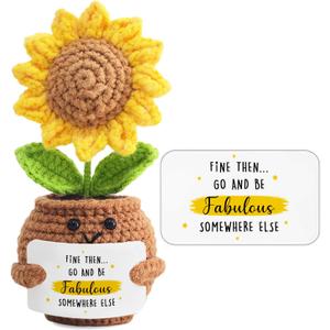 Handmade Positive Sunflower Doll Crochet with Card - Women Coworker Appreciation Gift - Retirement, Farewell, Goodbye, Leaving, Going Away Gift for Coworker - Fine Then and Go Fabulous Somewhere Else