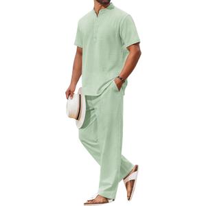 COOFANDY Men's 2 Piece Cotton Sets Casual Short Sleeve Henley Shirts and Beach Pants with Pockets Summer Vacation Outfits (3X-Large, Green)