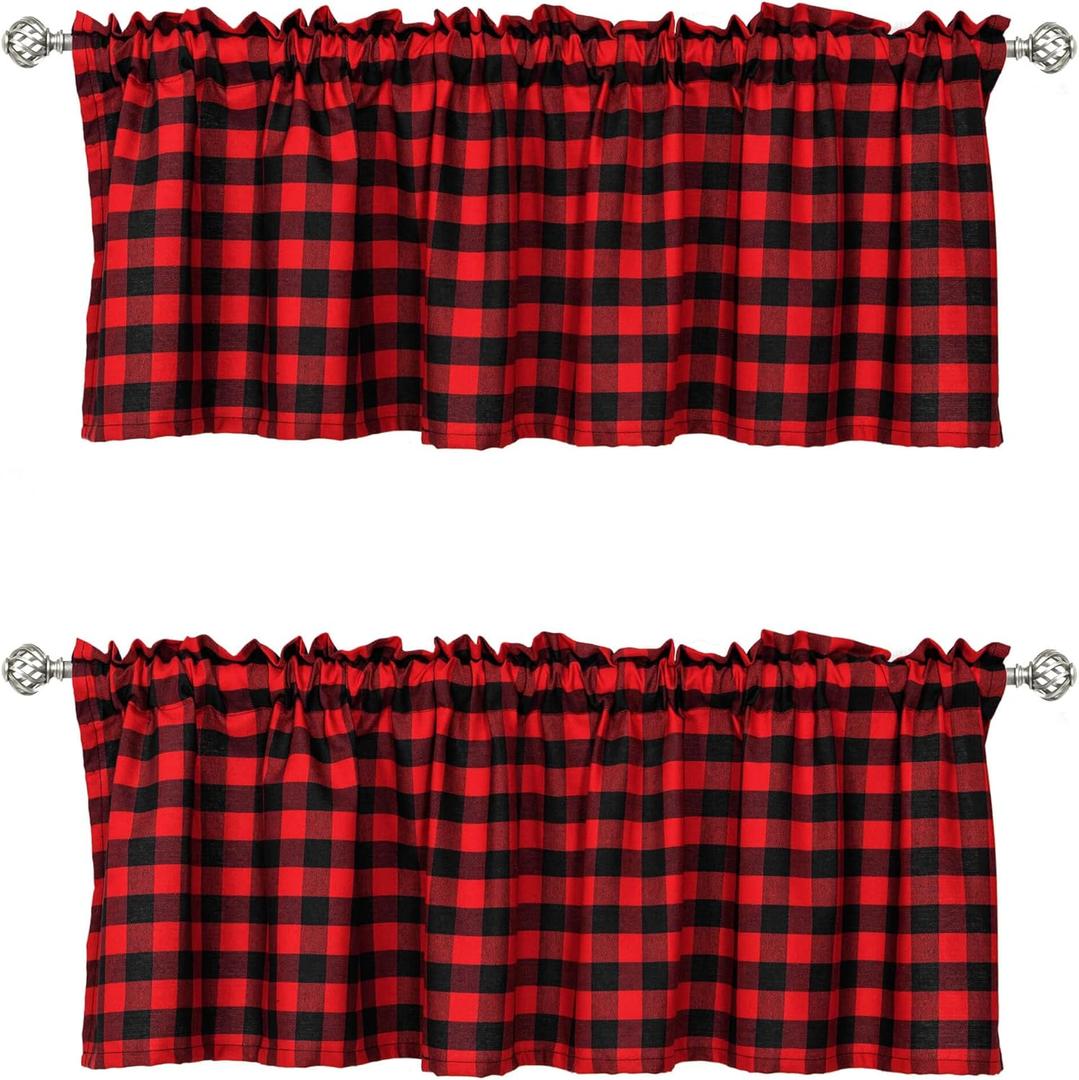 WUBODTI 2 Pack Christmas Red Plaid Curtains Valances for Kitchen, Red and Black Buffalo Check Window Valance Rod Pocket Farmhouse Window Treatments Decor for Living Room Bathroom, 52" W x 14" L