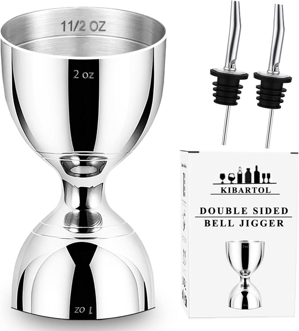 Jigger for Bartending, 2 oz 1 oz Bartender Jigger Stainless Steel, Double Cocktail Jiggers with Internal Measurements, Bar Tool for Bartending, Shot Drink Measurer for Cocktails(1Jigger - 2 Pourers (Silver)