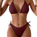 Eomenie Womens Ribbed Bikini Set Sexy Halter Triangle Top Swimsuit Tie Side Two Piece Bathing Suit Moderate Coverage (Medium, Wine Red Ribbed)