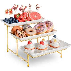 3 Tier Plastic Serving Tray for Party, 11.5" x 5.6" Platters for Serving Food, Microwave-Safe, White Reusable Trays with Black Metal Display Stand for Cupcakes, Dessert, Fruit, Cookie, Gold (11.8" x 5.7")
