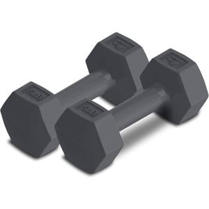 RBX Vinyl Coated Hand Weight Dumbbell Set - Hex Shaped, Roll Free for Body Building/Sculpting/Strength Training Exercise, (Set of 2) (5lb, Grey)