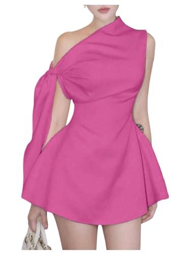 SOLY HUX Women's Mini Dress Off the Shoulder Sleeveless Tie Shoulder A Line Flared Party Dresses Plain HotPink X-Large