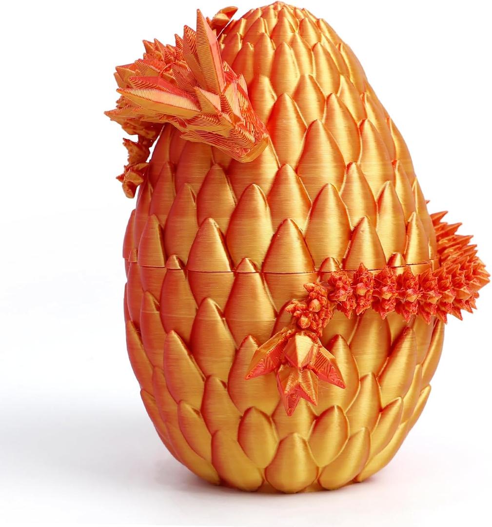 3D Printed Dragon Egg - Surprise Egg with 12" Flexible Crystal Dragon Inside, Mythical 3D Printed Gift Toy, Desk Executive Pet, Figurine Decor for Christmas, Birthday, Easter (Red and Gold)
