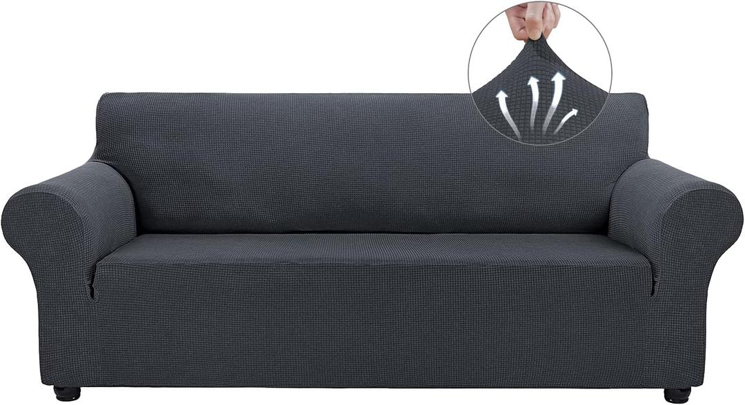 Asnomy Couch Covers for 3 Cushion Couch Stretch Sofa Covers Slipcovers, Pet Protector Furniture Covers for Dogs Cats Spandex Jacquard Fabric Small Checks LargeCharcoal Ash