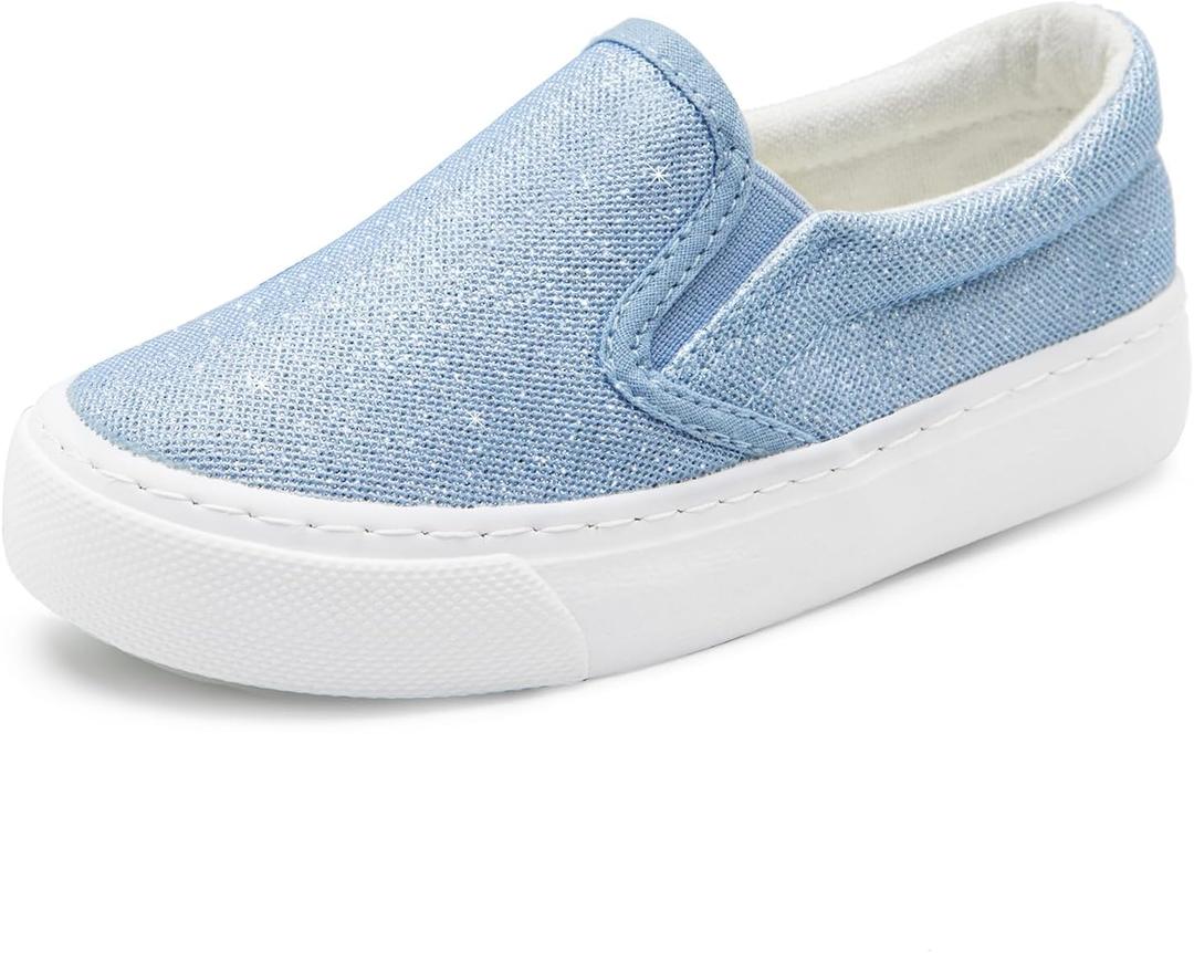 Toandon Toddler Girls Kids Sparkle Slip On Sneakers Loafers Age 2-10 (Glitter Blue) Size 8