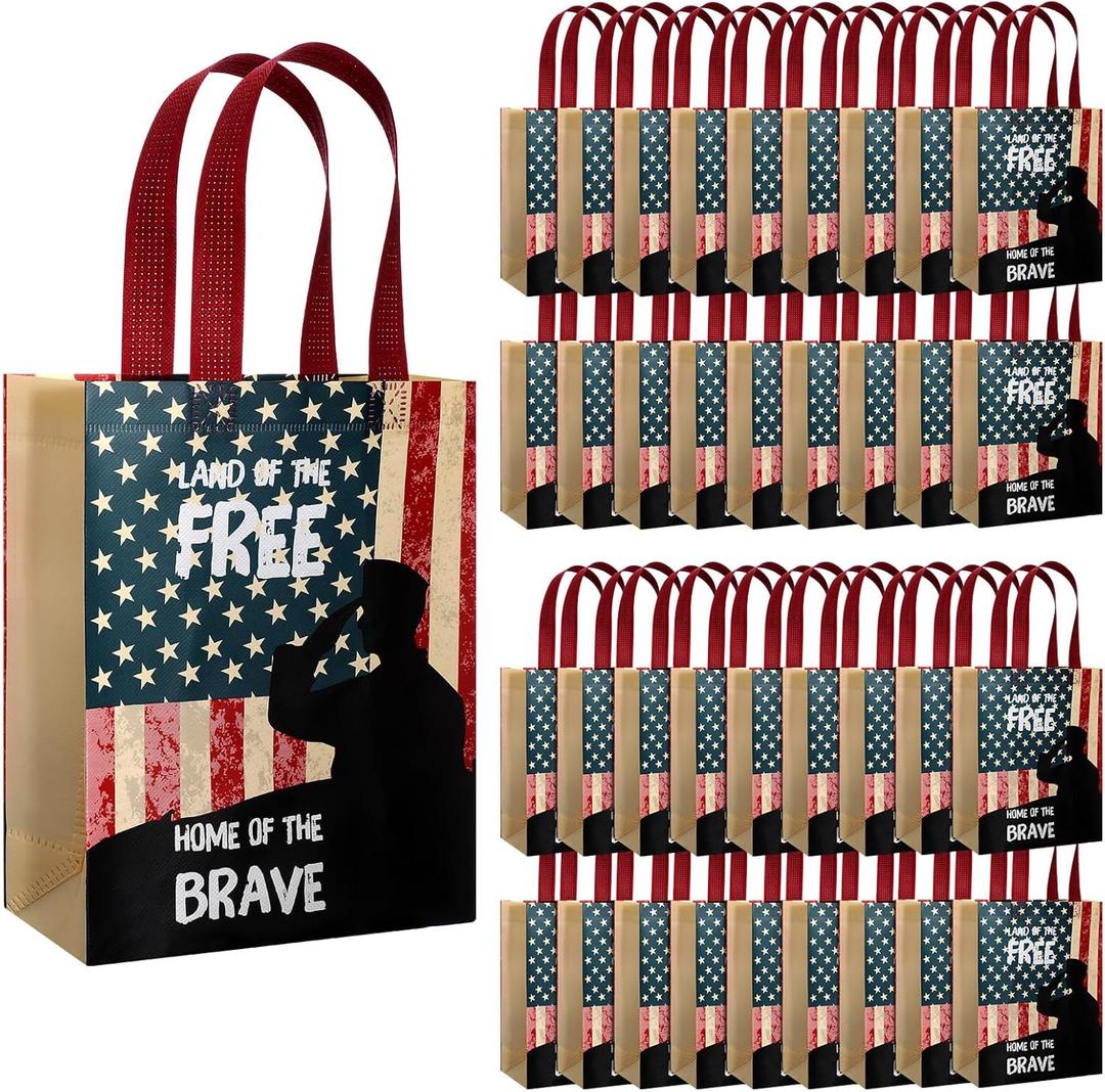 Frienda 50 Pcs Veterans Day Gift Bags Bulk Non Woven Patriotic Gift Bags American Flag USA Veteran Souvenirs Military Gifts Church Party Decorations Favors