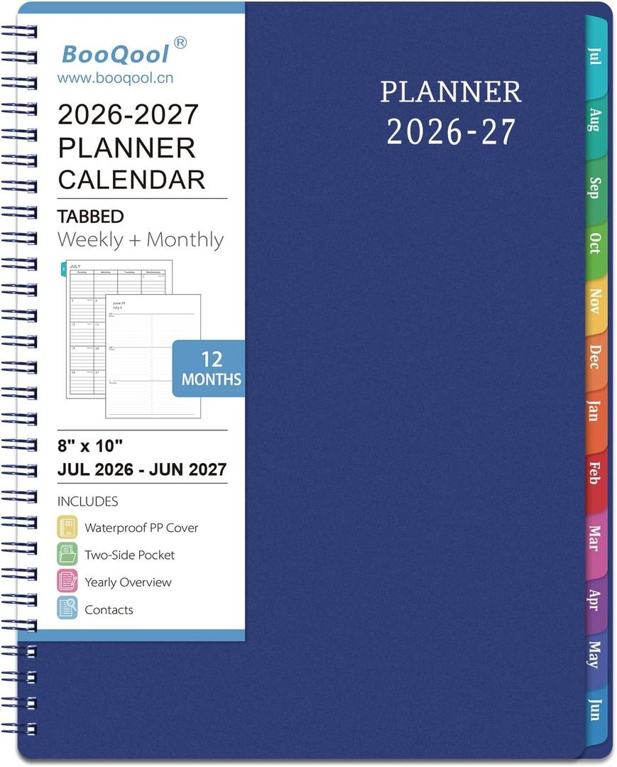 Planner 2026-2027 - Academic Planner from July 2026 - June 2027, 8" x 10", Calendar Planner 2026-2027, Weekly and Monthly Planner Spiral Bound, Flexible Cover, To-Do List, 12 Monthly Tabs (Blue)