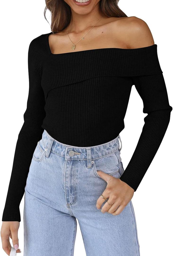 LILLUSORY Womens Off The Shoulder Sweaters Going Out Fall Sexy Knit Pullover Lightweight Asymmetrical Tops Clothes 2026 (Medium, Black)