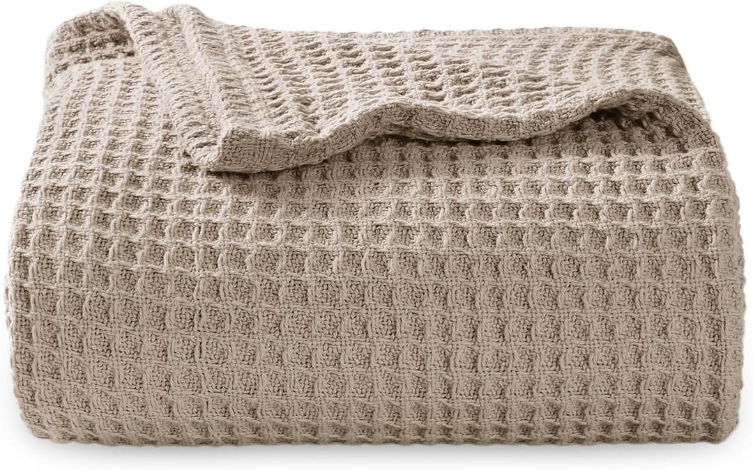 Bedsure 100% Cotton Throw Blanket for Couch 50x70 inches - Cooling Breathable and Soft for Summer, Waffle Weave Throw Blanket for Office, Taupe