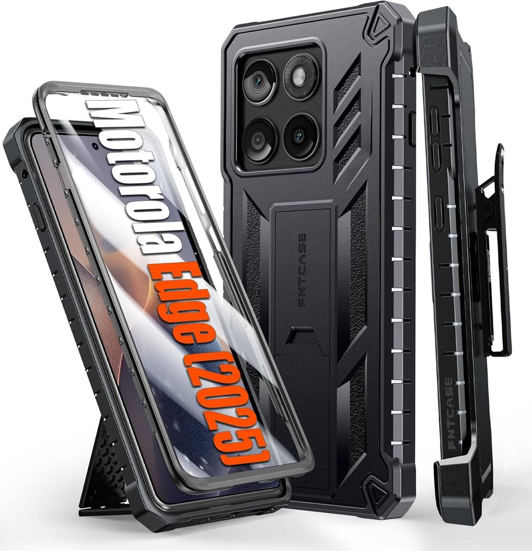 FNTCASE for Motorola Edge 2025 Case: Military Grade Rugged Cell Phone Cover with Kickstand & Holster | Shockproof TPU Protection Bumper with Belt-Clip | Heavy Duty Protector (Black)