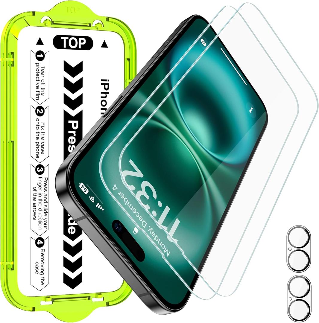 Esanik [2+2 Pack for iPhone 16 Tempered Glass Screen Protector & Camera Lens Cover - Military-Grade 9H Hardness, HD Clear, Anti-Scratch, Flawless Fit Tray