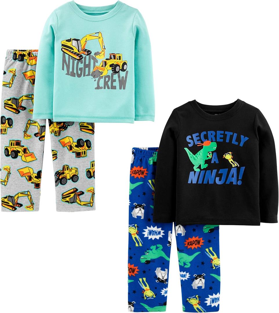 Simple Joys by Carter's boys 4-piece Pajama Set (3T, Aqua Blue Trucks/Black Dinosuar/Cobalt Blue/Grey Construction)