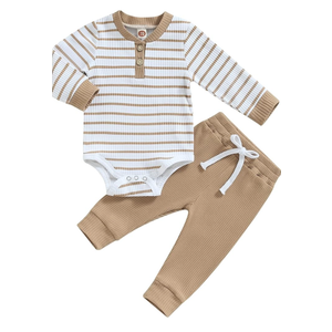 Newborn Baby Boy Girl Clothes Ribbed Knitted Long Sleeve Romper Pants Solid Cotton Infant Fall Winter Outfits 2Pcs, Size 80