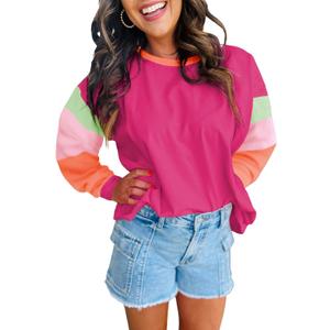 miduo Womens Long Sleeve Tops Color Block Stitching Casual Loose Fit Crew Neck Shirts Blouses (Pink, M)