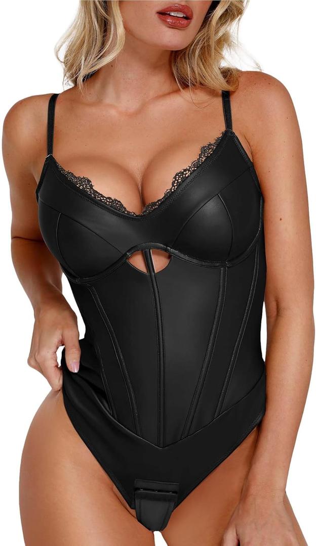 Popilush Body Suits for Womens Faux Leather Lace V Neck Shapewear Tummy Control Sleeveless Thong Corset Bodysuits (Large, Black)