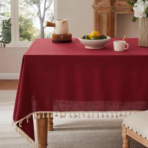 YZJZEDS Linen Tablecloth with Tassels, Farmhouse Style Burgundy Tablecloth, Water Resistant Burlap Tablecloths for Square Table, 52x52 Inch Burgundy