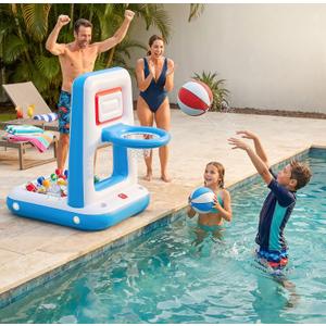 QPAU Pool Basketball Hoop with Built-in Cooler, 42" Poolside & Floating Inflatable Basketball Hoop for Family Pool Party Swimming Pool Games for Kids & Adults, Includes 2 Balls & Pumps