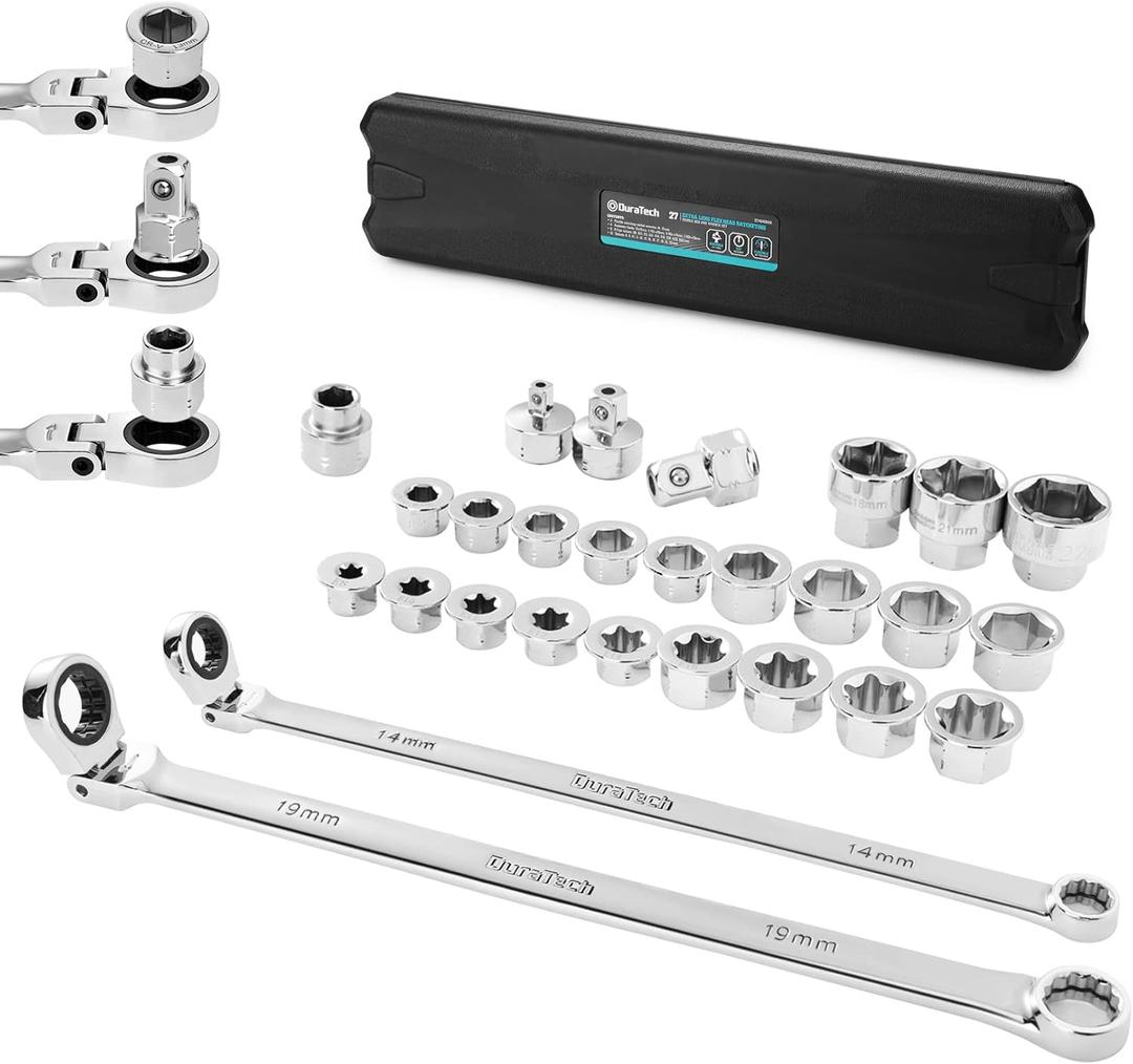 DURATECH 27PCS Extra Long Flex Head Ratcheting Wrench Set, 8-22mm, Double Box End Ratchet Wrench Set with E-type 8-22mm Replacement Heads, 10x19mm, 1/4", 3/8", 1/2" Socket Adapters