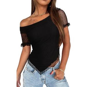 CSDAJIO Women's Off the Shoulder Top Short Sleeve Asymmetrical T Shirt Frill Ruffle Sheer Mesh Summer Blouse, XS