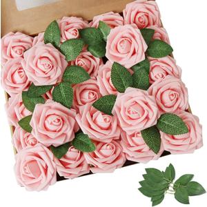 AmyHomie Artificial Flower 50pcs Real Looking Fake Roses w/Stem for DIY Wedding Bouquets Centerpieces Arrangements Party Baby Shower Valentines Day Christmas Tree Decorations (Pink)
