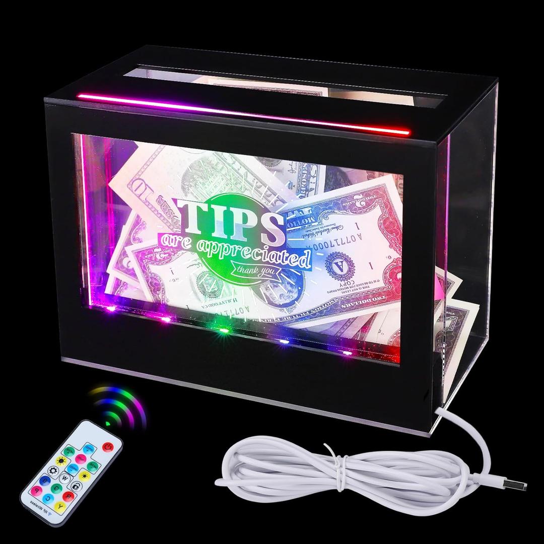 Light Up Tip Jar for Money - Acrylic Donation Ballot Box for Bartender with 2 Sign Holders, Re-mote, LED Light, Lock- Suggestion Box Tip Box for Restaurants Musicians Voting Charity, USB Powered