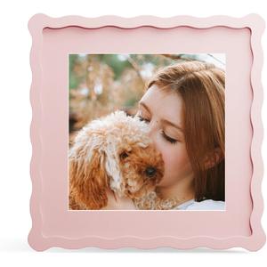 10x10 Picture Frame with Mat for 8x8, Wavy Edge Wooden Real Glass Photo Frame for Tabletop and Wall Hanging, Pink, 1 Pack