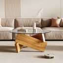 Honyee Modern Round Coffee Table, 30.7" x 30.7" x 16.1" Tempered Glass Top for Living Room, Color: Natural Wood
