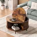 Round Coffee Table, 31.5" Fluted Center Table with Storage, Lift-Top Coffee Table with Adjustable Footpads, Sliding Door, Mid-Century Modern Center Table for Living Room, Small Space (Brown)