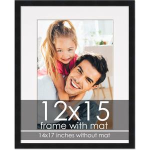 12x15 Frame with Mat - Black 14x17 Frame Wood Made to Display Print or Poster Measuring 12 x 15 Inches with White Photo Mat