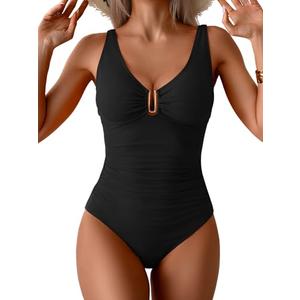 B2prity One Piece Swimsuit for Women Tummy Control Ruched Bathing Suit V Neck Push Up Swim Suit Black, M