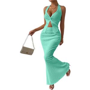 SOLY HUX Women's Two Piece Outfits Twist Front Halter Cami Tops and Skirt Summer Set (Green, XL)