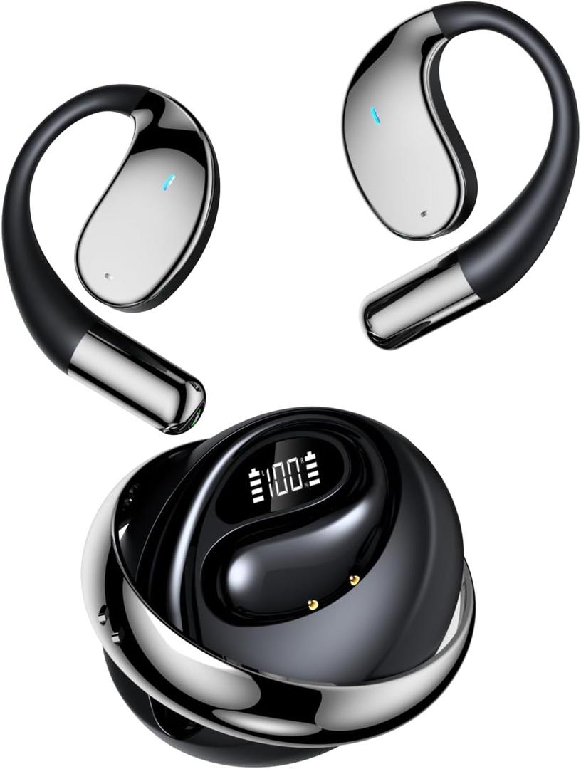 Souroyea Open Ear Earbuds, Wireless Bluetooth Headphones, Deep Bass Earphone, LED Power Display with Mic for iPhone Android Phone, Over Ear Headset for Fitness Sports Workout, Black