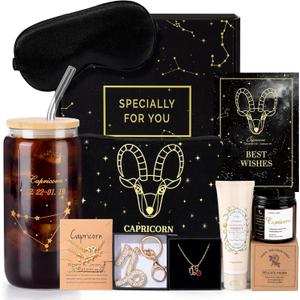 14PCS Capricorn Birthday Gifts for Women, 12 Capricorn Zodiac Gifts for Women Bakets, Get Well Gifts for Woman Friends Female Friendship, Cap Astrological 16 oz Glass Cups with Gift Set Box