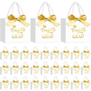 Moinchore 30 Pcs Graduation Gift Bags Bulk 5.5 x 4.7 x 2.5'' Small White and Gold Class of 2026 Treat Bags with Handles Bow Ribbon Congrats Grad Paper Party Favor Decorations for College High School