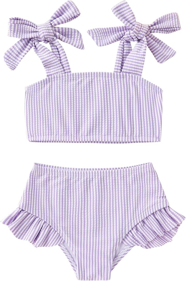 YOUNGER TREE Toddler Baby Girls Swimsuit Two Piece Solid Color Stripe Swimwear Summer Beach Bikini Bathing Suit (18-24 Months)