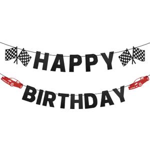 Race Car Birthday Banner - Checkered Flag, Happy Birthday, Black and White - Racing Themed Party Decoration Supplies