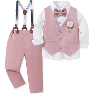 WESIDOM Toddler Boy Clothes Suit Formal Dress Shirt+Bowtie+Vest+Boutonniere+Suspender Pants Boys Gentleman Outfits Set, 4-5T