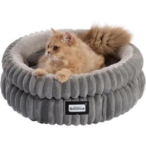 BALANCE Cat Bed Kitten Bed, Washable Round Cat Beds for Indoor Cats, Super Soft Plush Faux Fur Pet Bed for Puppy and Kitten with Anti-Slip Bottom (Grey)