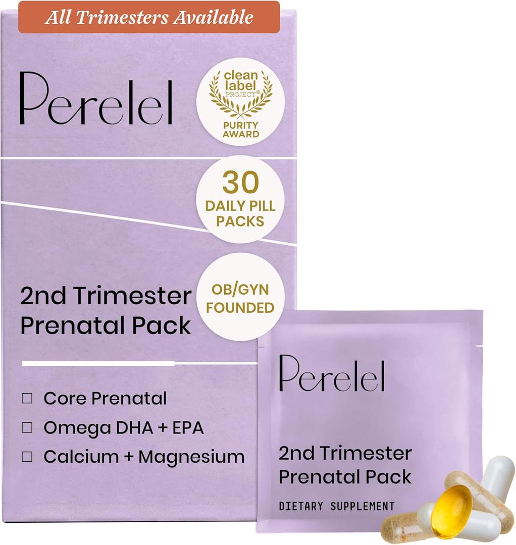 Perelel 2nd Trimester Prenatal Pack, Multivitamin with Magnesium, Omega 3, Iron & Calcium, Nutritional Support for Second Trimester Wellness, Soy & Gluten Free, Non GMO, 30 Daily Pill Packs (EXP 11/30/27)