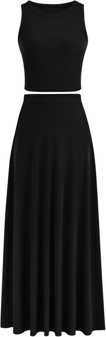 PRETTYGARDEN Women's 2 Piece Maxi Skirt Sets Casual Summer Knit Cropped Tank Top High Waisted Long Skirts Outfit (Black, S)