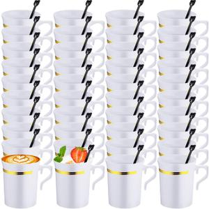 Bokon 100 Pcs Plastic Coffee Tea Cups Reusable 8 oz White Coffee Mugs Bulk with Handle and Spoon with Gold Rim Espresso Cup for Tea Cafe Milk Dessert Shop