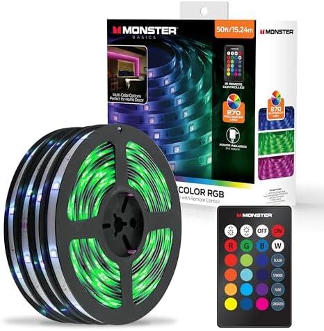 Monster 100 FtLED Light Strip with Remote Control, 540 RGB LEDs, Adhesive Backing, Coated for Moisture Protection, Dimmable, 24V Plug, 4 Modes Including Strobe, Flash, Fade & Smooth