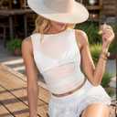 Sexy Pleated Ruched Crop Tank Tops for Women Mock Neck Sleeveless Mesh See Through Double Linery Tank Tops (M)