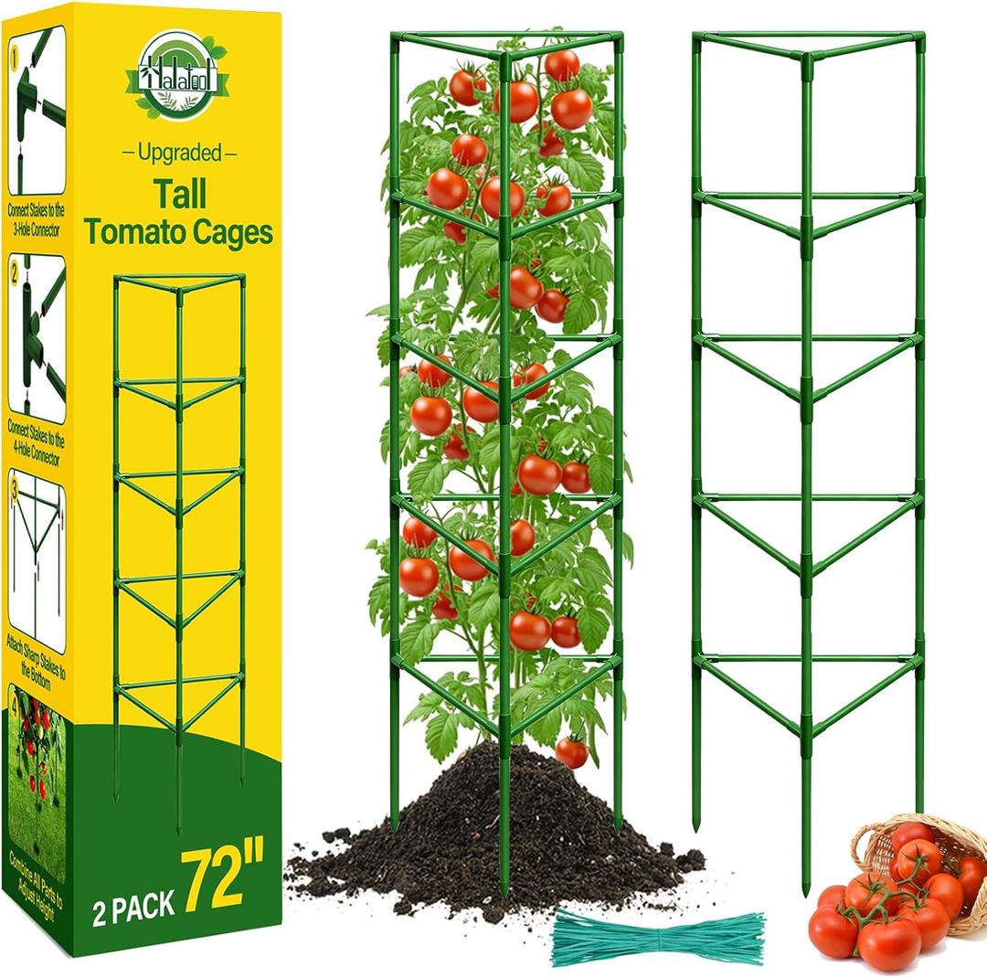 Halatool 72 Inch Extra Tall Tomato Cages for Garden, 2 Pack Heavy Duty Metal Plant Support Stakes for Climbing Plants, Adjustable Large Trellis for Outdoor Raised Garden Bed Vegetables Flowers Fruits