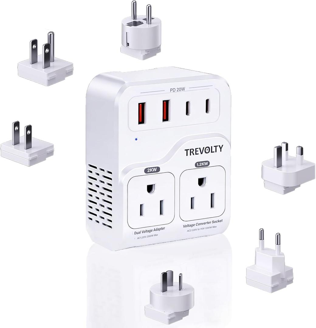 2000W Voltage Converter US to Europe for Hair Dryers, 7-in-1 220V to 110V Converter for European Travel with 3 AC/2 USBA/2 USBC Ports (PD20W), European Travel Adapter (White)