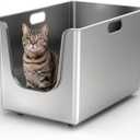 Stainless Steel Litter Box 13.7'' High Sides, XL Metal Cat Litter Box with Curved Low Entry, Cat Litter Pan for Big & Multiple Cats, Pet Toliet with Handy Wheels for Easy Moving
