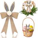 Easter Bunny Wreath Bows Decorations Burlap Rabbits Bows with Plaid Bunny Ears Pom for Spring Home Front Door Wall Decor