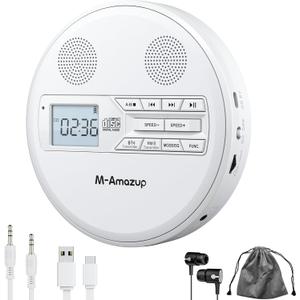 CD Player Portable, Rechargeable Portable CD Player with Dual Speakers and Anti Skip,CD,Dual Bluetooth,FM Transmission,USB,AUX,LCD Display,Sensitive Button,Repeat,10 Speeds for Home Car White